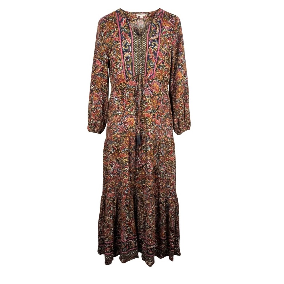 Boemo Paisley Print V Neck Maxi Dress Long Sleeve Tiered Boho Festival Size L